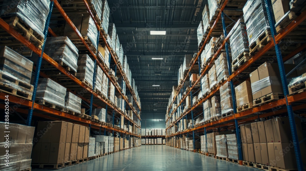 Vast Warehouse Aisle with Neatly Stacked Boxes and Pallets Vast Warehouse Aisle with Neatly Stacked Boxes and Pallets