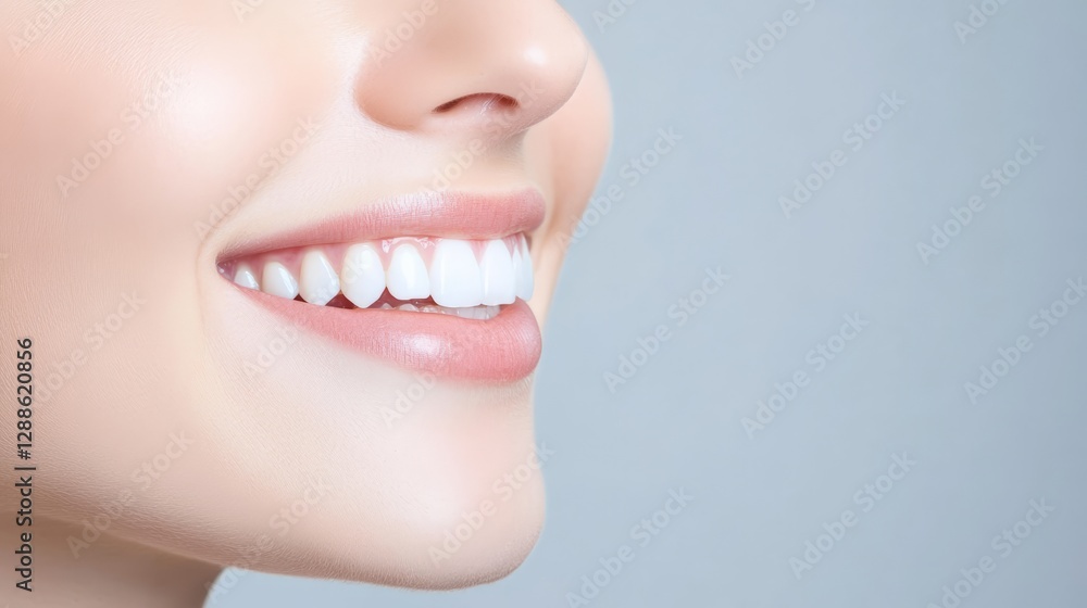 Obraz premium Close up of a smiling woman showcasing her healthy teeth and lips, emphasizing beauty and wellness, perfect for concepts related to dental hygiene and cosmetic care