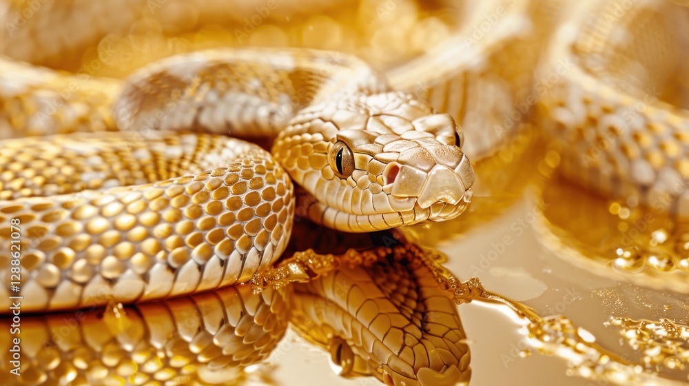 Obraz premium Golden snake resting on shimmering gold surface, blending seamlessly with its surroundings