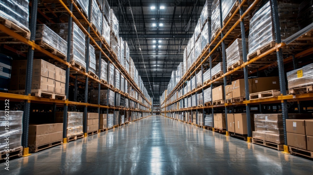 Vast Warehouse Interior with Organized Pallet Racks and Aisles Vast Warehouse Interior with Organized Pallet Racks and Aisles