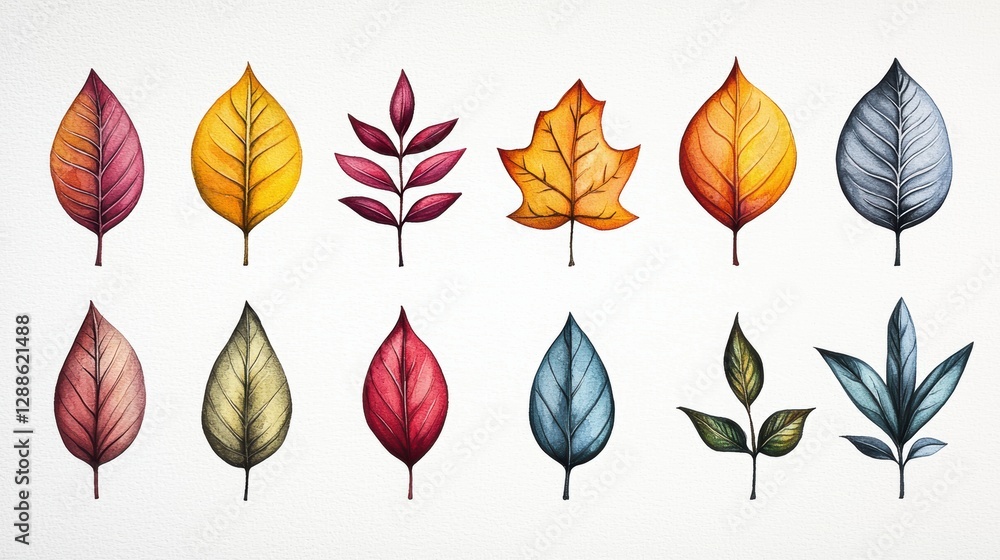 Obraz premium Colorful Variety of Hand-Illustrated Leaves with Distinct Shapes and Textures on a Light Background