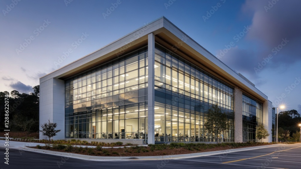 Modern glass office building twilight, suburban setting Modern glass office building twilight, suburban setting