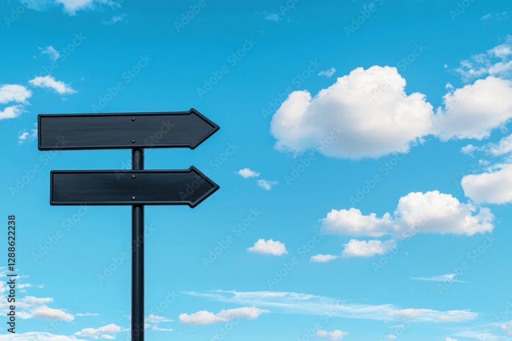 A signpost with two arrows points in different directions against a bright blue sky with fluffy white clouds. goal of life achievement learning. success, A signpost with two arrows points in different directions against a bright blue sky with fluffy white clouds. goal of life achievement learning. success,