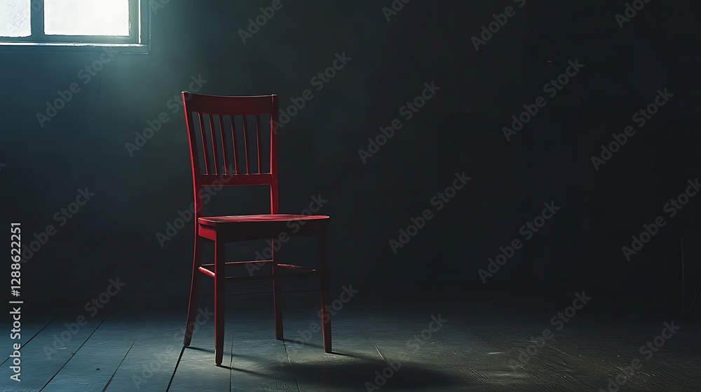 Red Chair Stands Alone in Dark Room Illuminated by Window Light Red Chair Stands Alone in Dark Room Illuminated by Window Light
