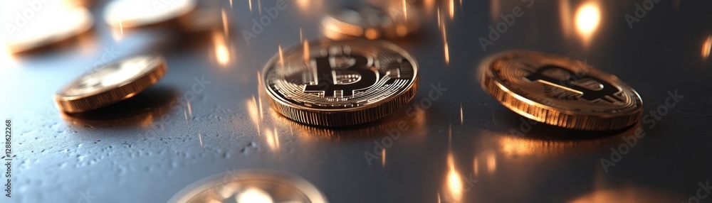 Bitcoin falling on surface, sparks, digital currency Bitcoin falling on surface, sparks, digital currency