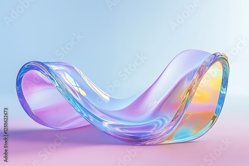 Abstract Iridescent Glass Sculpture on Pastel Background