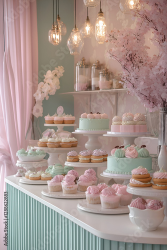 Wallpaper Mural Elegant pastel-themed dessert table with cupcakes, macarons, and a cake in soft pink and mint colors, decorated with flowers, glass jars, and hanging lights in a charming bakery setting Torontodigital.ca