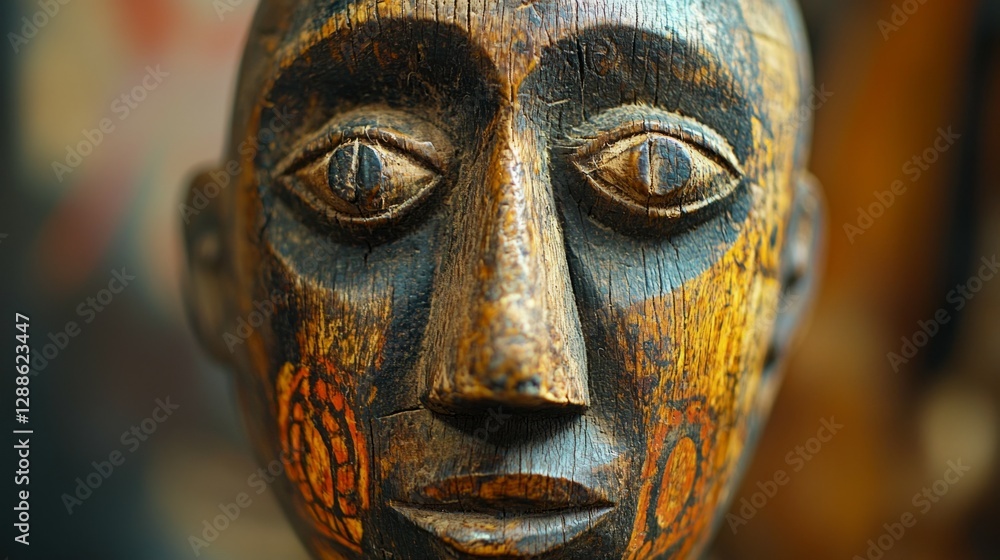 Intricate carved wooden sculpture with expressive facial features Intricate carved wooden sculpture with expressive facial features