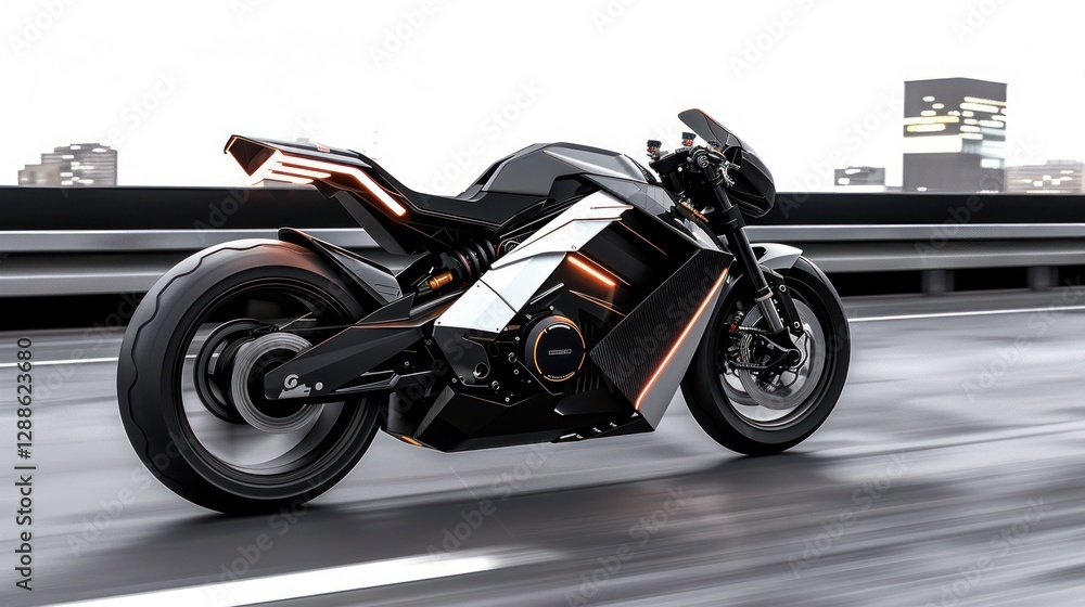High-performance electric motorcycle speeding on an open highway, High-performance electric motorcycle speeding on an open highway,