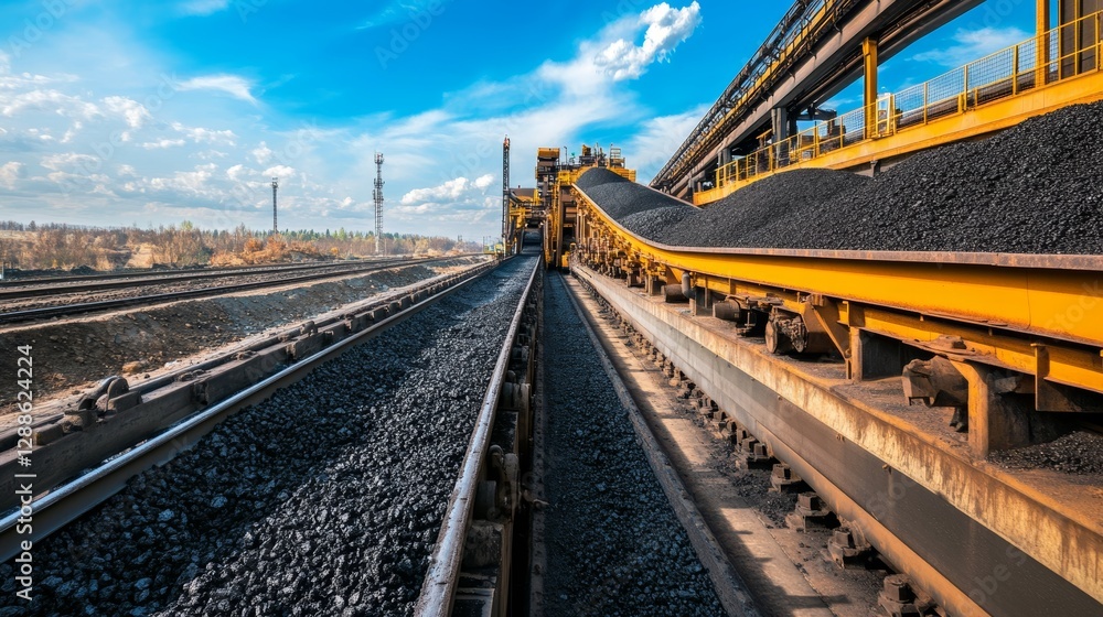 Fototapeta premium Coal Conveyor: Elevated Belt System Under Blue Sky