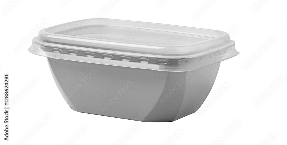 Closed gray plastic food container with transparent lid isolated on white background Closed gray plastic food container with transparent lid isolated on white background