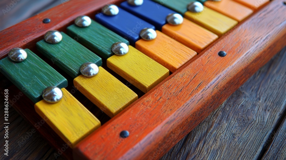 Naklejka premium Colorful Wooden Xylophone on a Wooden Surface with Bright Bars
