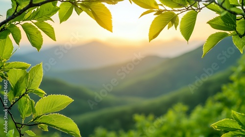 Green Leaves Frame Mountain Sunset Landscape