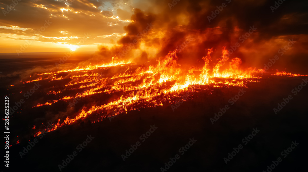 Obraz premium An aerial view of a wildfire racing across dry grasslands, with bright orange flames creating a stark contrast against the darkened earth