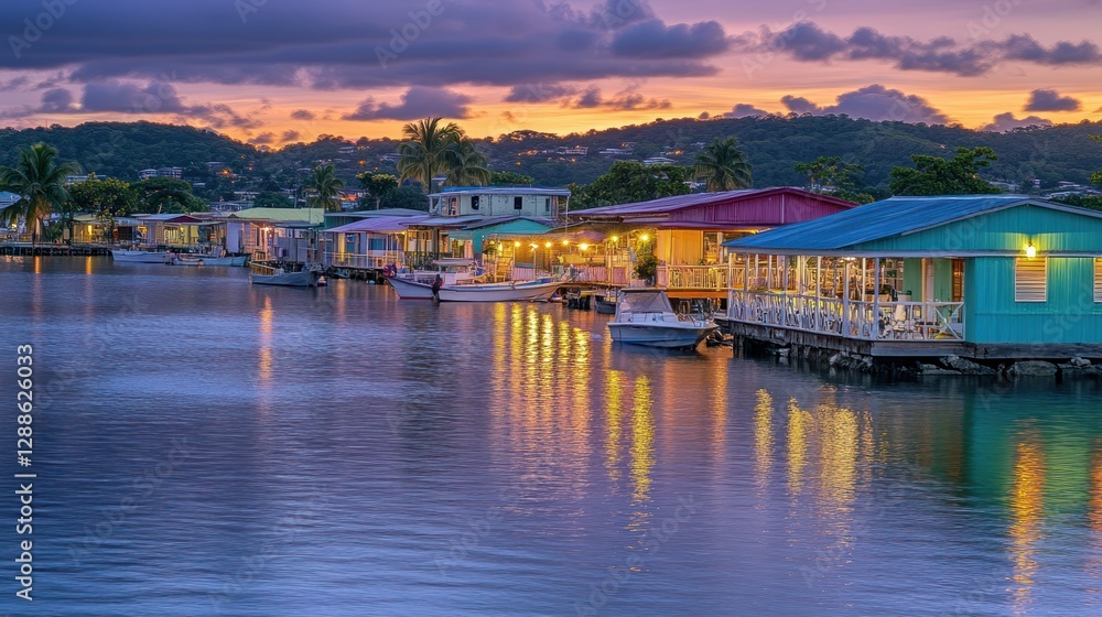 Fototapeta premium Sunset over colorful Caribbean waterfront houses