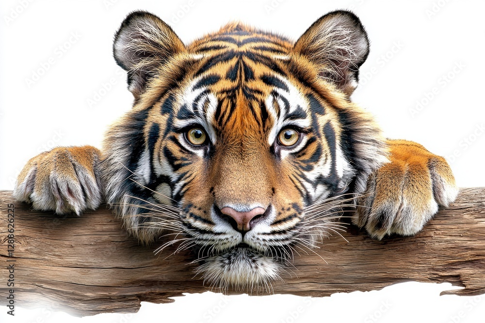 Obraz premium Majestic tiger observing from log in natural habitat close-up wildlife photography serene environment front view