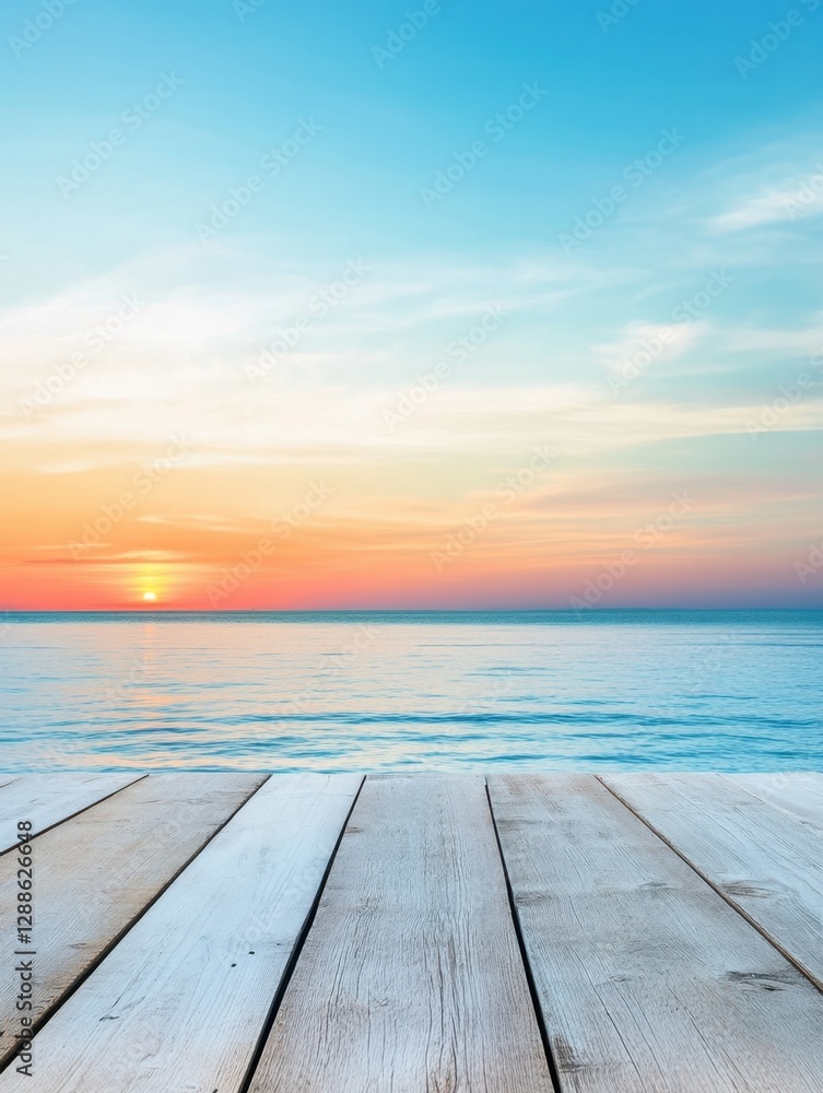 Beach sunset view from a wooden deck, capturing the tranquil beauty of the sea at twilight. Serene Beach sunset view from a wooden deck, capturing the tranquil beauty of the sea at twilight. Serene