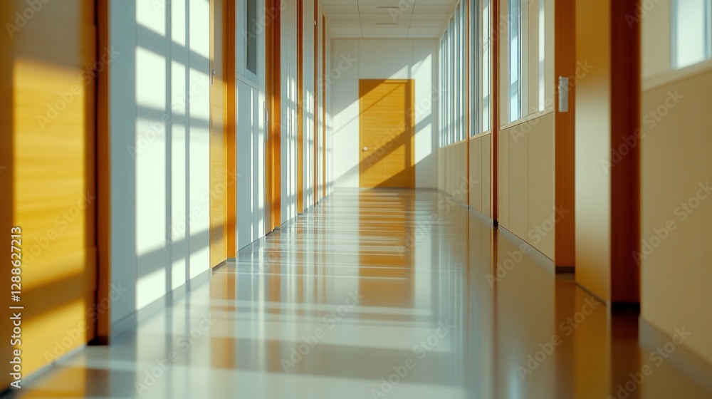Obraz premium Sunlit school hallway; doors, windows, education