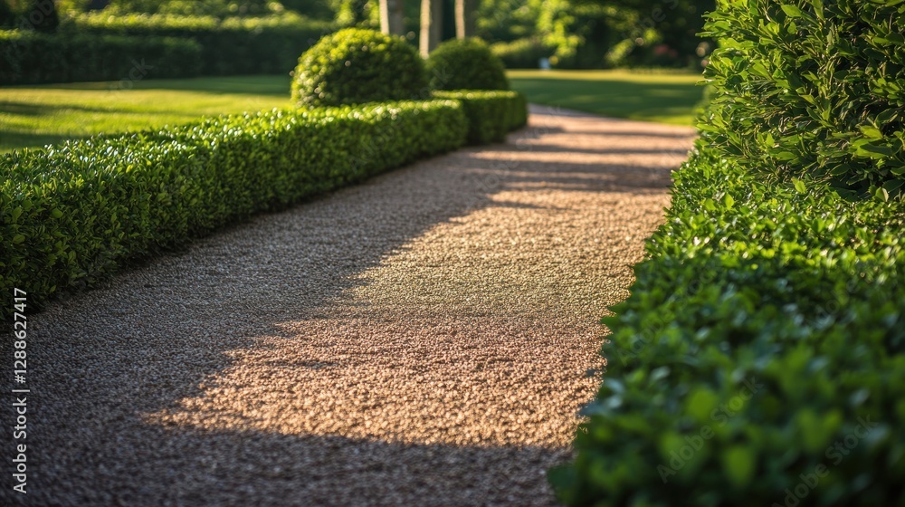 Obraz premium Sunlit garden path, gravel, hedges, park, tranquil scene, design