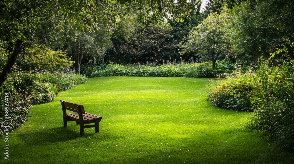 Tranquil Garden Scene with a Lonely Bench Surrounded by Nature Tranquil Garden Scene with a Lonely Bench Surrounded by Nature