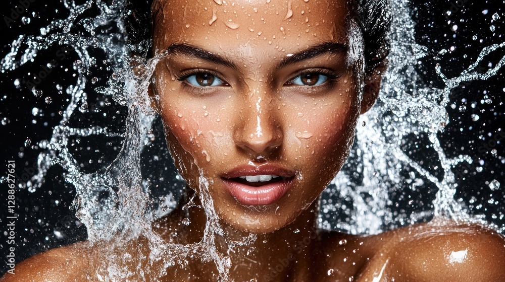 Obraz premium Woman, water splash, beauty, portrait, studio, dark background, skincare, advertising