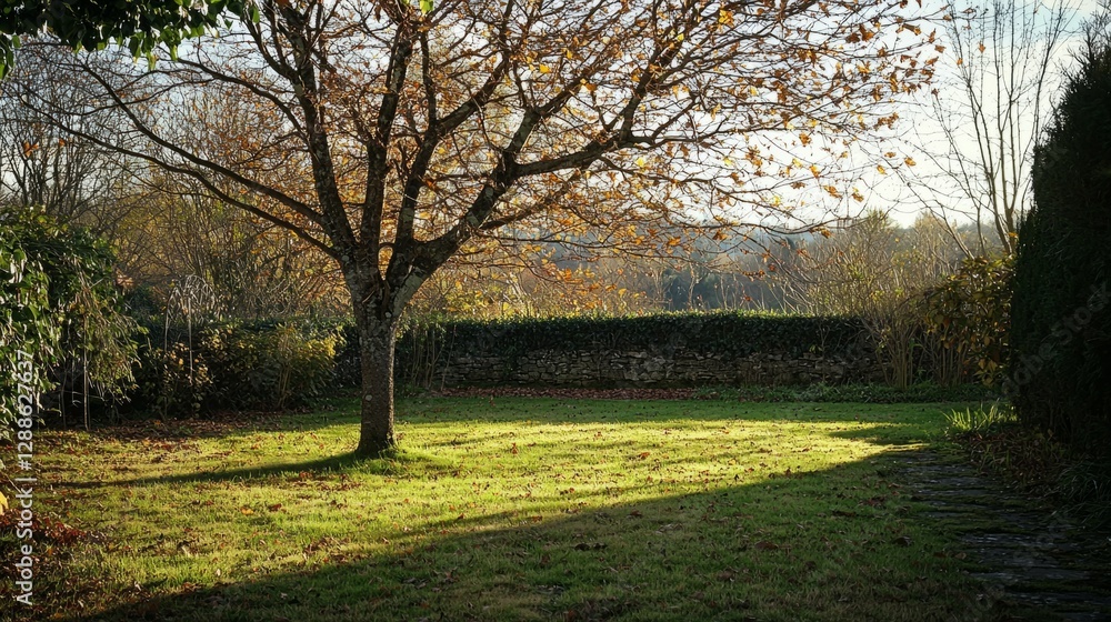 Naklejka premium Serene Autumn Landscape with Bare Tree and Sunlit Grass Area