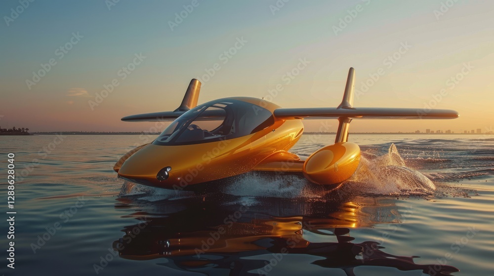 Obraz premium Innovative Water and Air Transport Vehicle Emerging from Calm Waters at Sunset