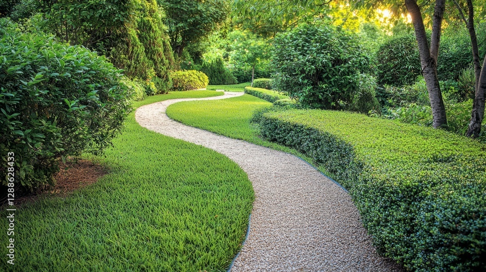 Serene Garden Path Curving Through Lush Greenery and Landscaping Serene Garden Path Curving Through Lush Greenery and Landscaping