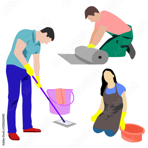 Cleaning, staff, men, women, housework, wiping the floor, mopping the floor, rolling, drawing, vector,white ,blackground