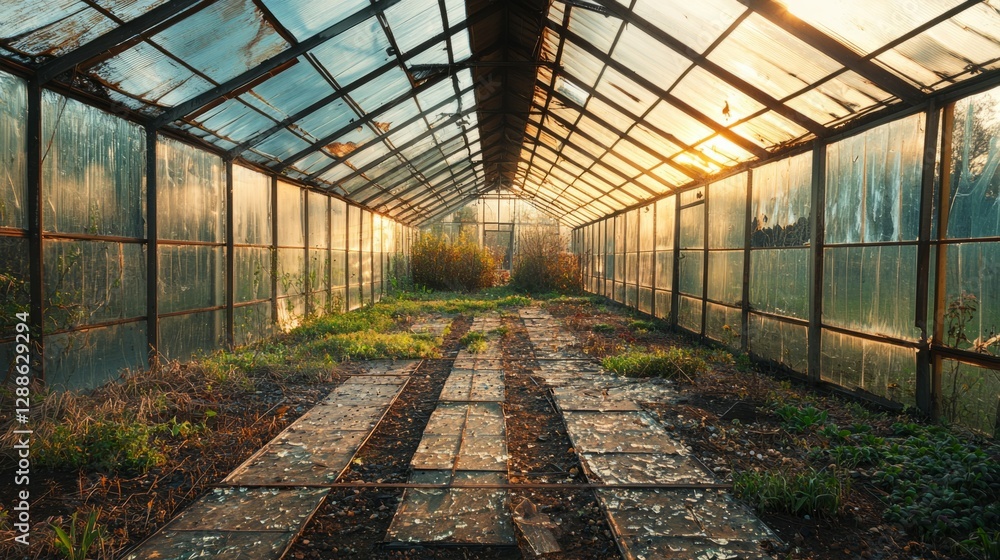 Abandoned Greenhouse at Sunset with Overgrown Pathway and Light Abandoned Greenhouse at Sunset with Overgrown Pathway and Light