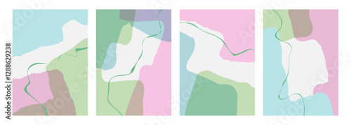 Springtime theme abstract backgrounds with various curved soft colored shapes and green bent lines for Spring season creative graphic design. Vector illustration.