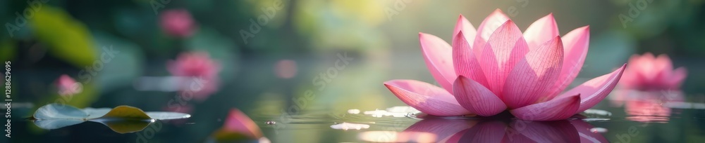 Soft pink petals unfolding in a serene landscape, nature scenery, water features, ethereal atmosphere Soft pink petals unfolding in a serene landscape, nature scenery, water features, ethereal atmosphere