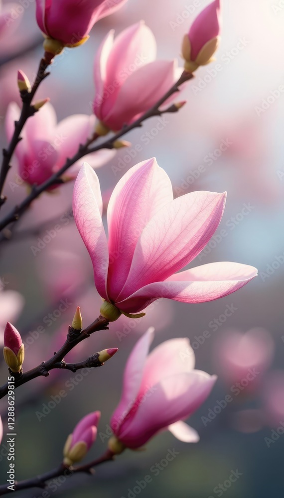 Soft pink petals unfolding on magnolia branches, floral details, flower buds, tree blooms Soft pink petals unfolding on magnolia branches, floral details, flower buds, tree blooms