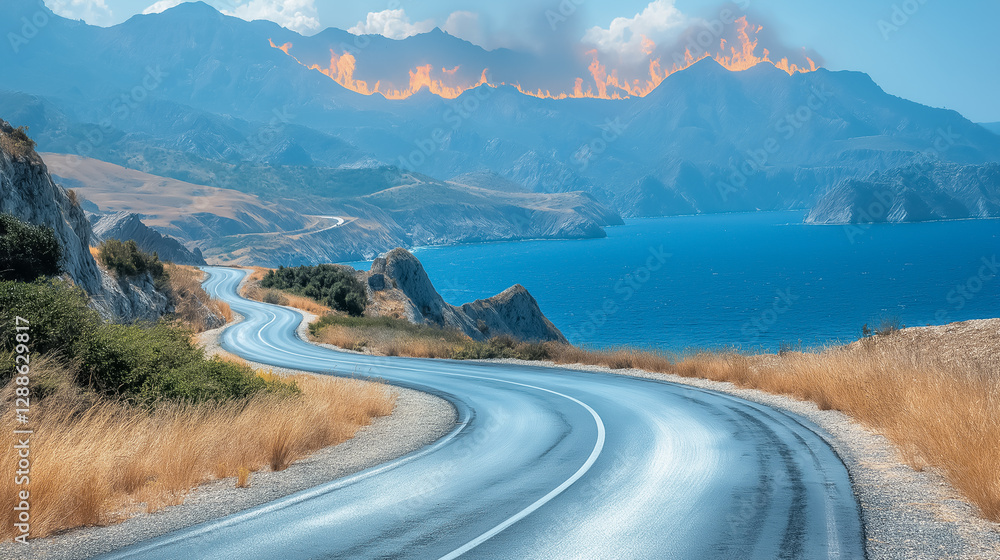 Fototapeta premium winding road along the sea and hills covered in flames