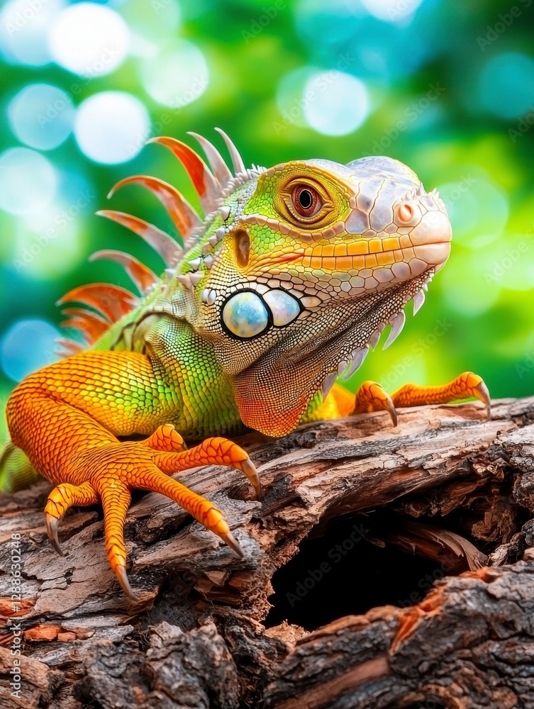 Fototapeta premium Colorful iguana resting on tree bark tropical forest wildlife photography natural habitat close-up vibrant colors