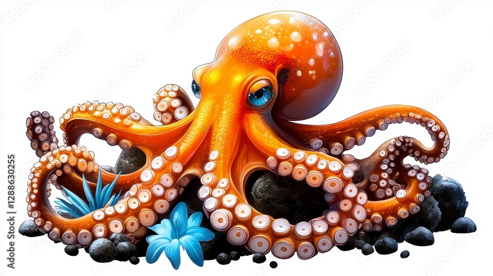 Colorful octopus illustration underwater scene digital art vibrant environment close-up view marine life concept Colorful octopus illustration underwater scene digital art vibrant environment close-up view marine life concept