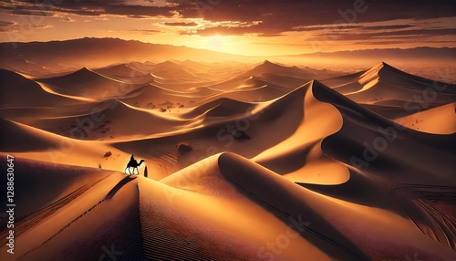 A breathtaking desert background featuring endless sand dunes, glowing golden hour light, and soft shadows creating a peaceful landscape