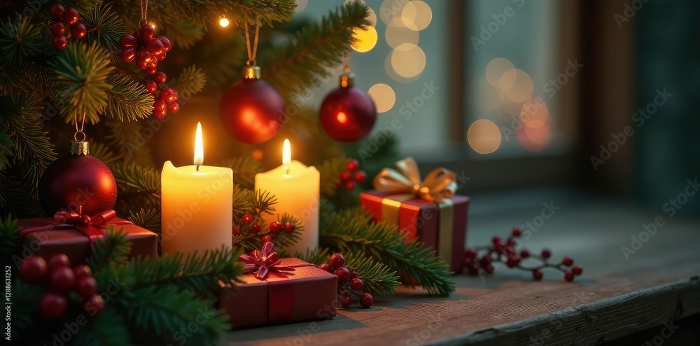 Warm candlelight illuminates a festive Christmas scene with lush greenery and colorful ornaments hung on the pine branch, berries, holly, gift wrapping Warm candlelight illuminates a festive Christmas scene with lush greenery and colorful ornaments hung on the pine branch, berries, holly, gift wrapping