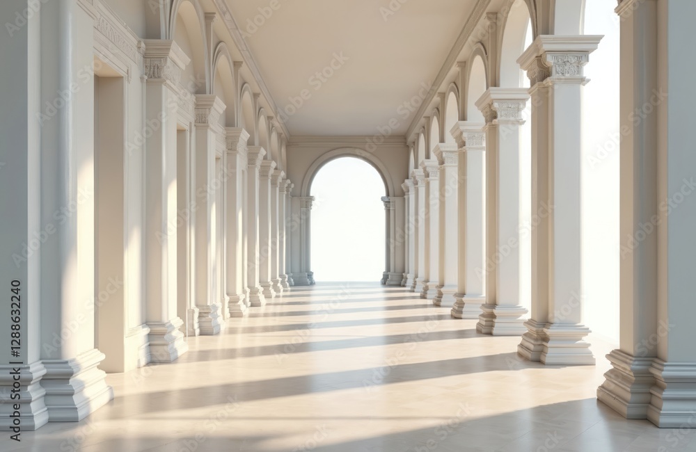 3D rendering of corridor with white pillars. Perspective view of interior with arches. Modern light architectural space. Empty hall background for business, office, hotel, palace, construction travel. 3D rendering of corridor with white pillars. Perspective view of interior with arches. Modern light architectural space. Empty hall background for business, office, hotel, palace, construction travel.