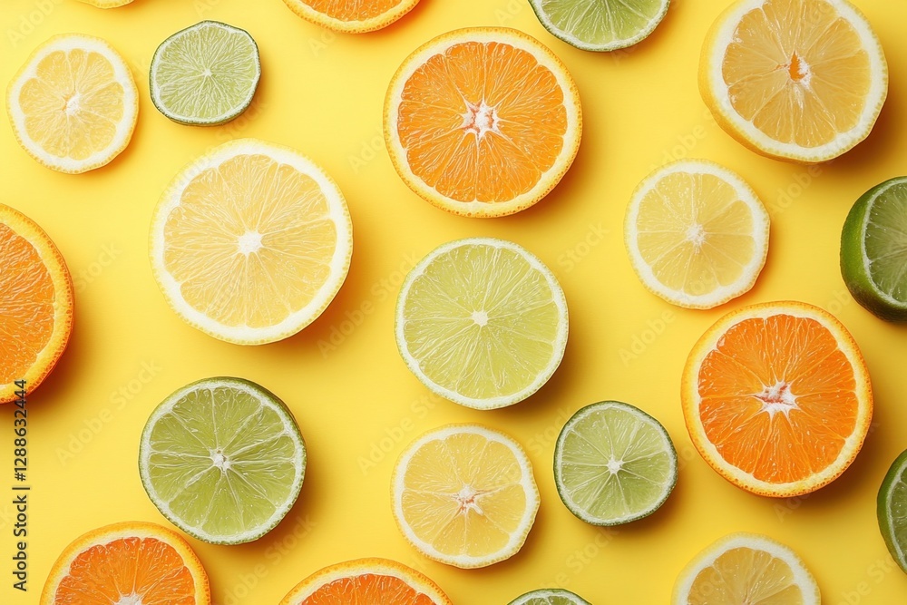 Vibrant citrus slices of orange, lemon, and lime create a refreshing pattern on a cheerful yellow background. Summery and invigorating! Vibrant citrus slices of orange, lemon, and lime create a refreshing pattern on a cheerful yellow background. Summery and invigorating!