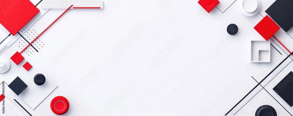 A modern, abstract composition featuring geometric shapes in red, black, white, and gray set against a light background. A modern, abstract composition featuring geometric shapes in red, black, white, and gray set against a light background.