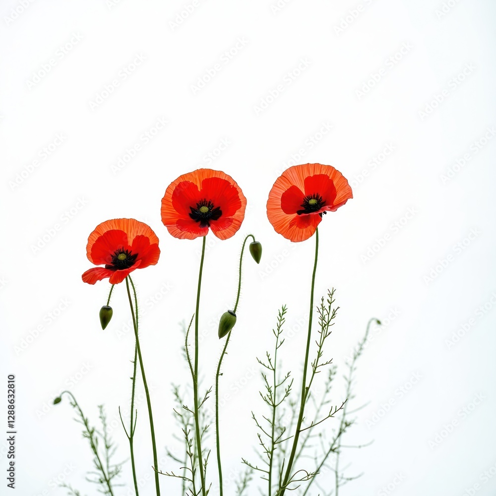Obraz premium Three red poppy flowers stand tall on white background. Nature vibrant beauty, elegance. Delicate flora contrasting rural scenery, sight. Floral design frame vision. Tranquil blossom summer texture