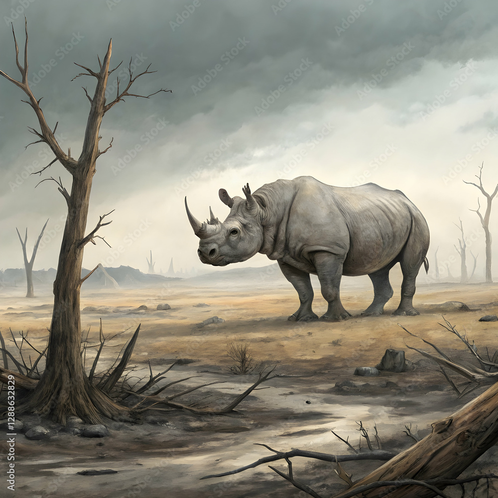 Obraz premium Rhino in Post-Apocalyptic Landscape: Climate Change Art