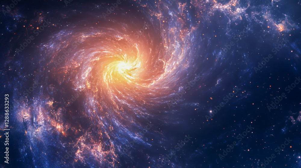 Fototapeta premium A spiral galaxy with stars and nebulae in the background, centered on an exploding black hole or supermassive at its center