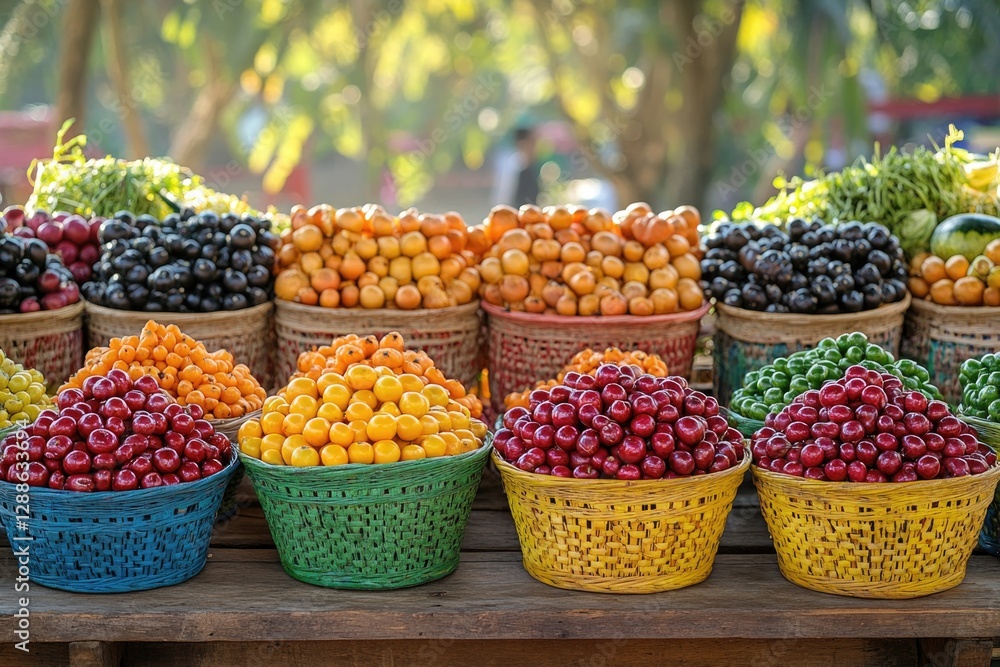 Colorful arrangement of fresh fruits in woven baskets showcases Colorful arrangement of fresh fruits in woven baskets showcases