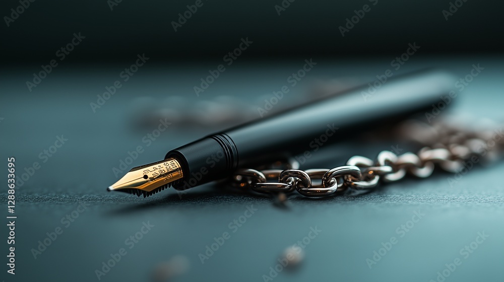 Fototapeta premium A sleek black pen piercing through tangled silver chains, minimalist composition, gray gradient background, sharp focus on breakage point.