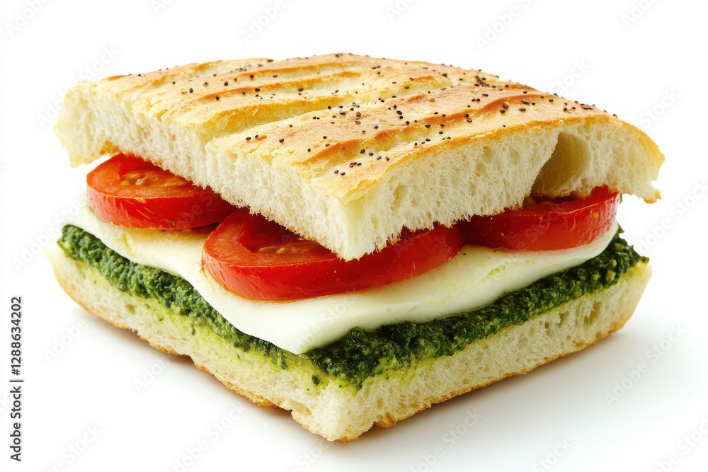 A delicious vegetarian sandwich with fresh mozzarella, ripe tomato slices, and green pesto on ciabatta bread. A delicious vegetarian sandwich with fresh mozzarella, ripe tomato slices, and green pesto on ciabatta bread.