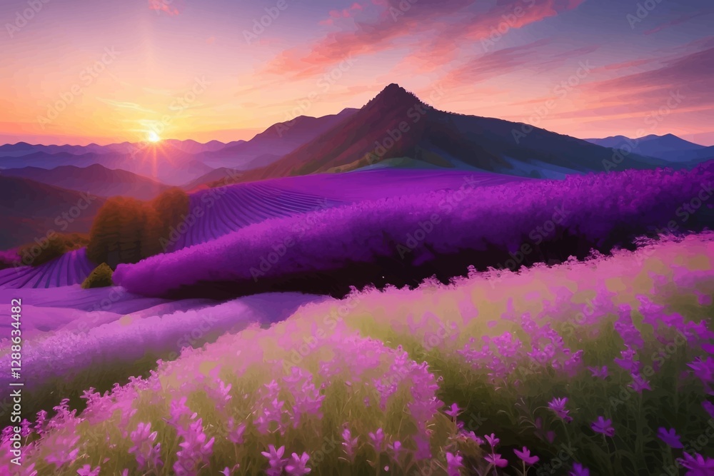 Fototapeta premium Beautiful and Peaceful Nature Scenery Illustration Landscape Countryside Tranquil Vibrant and Colorful