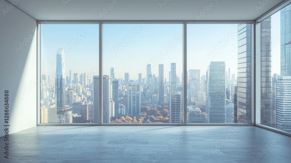 Naklejka premium Modern Empty Room with Floor-to-Ceiling Windows and City View