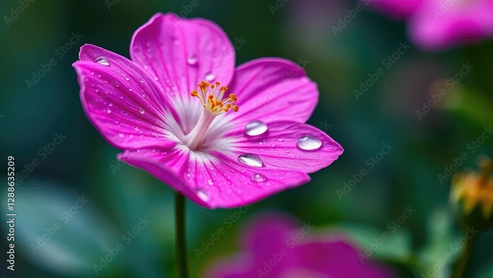 A single pink flower with intricate details on its petals and glistening droplets of dew, bloom, botanical, pink flower A single pink flower with intricate details on its petals and glistening droplets of dew, bloom, botanical, pink flower